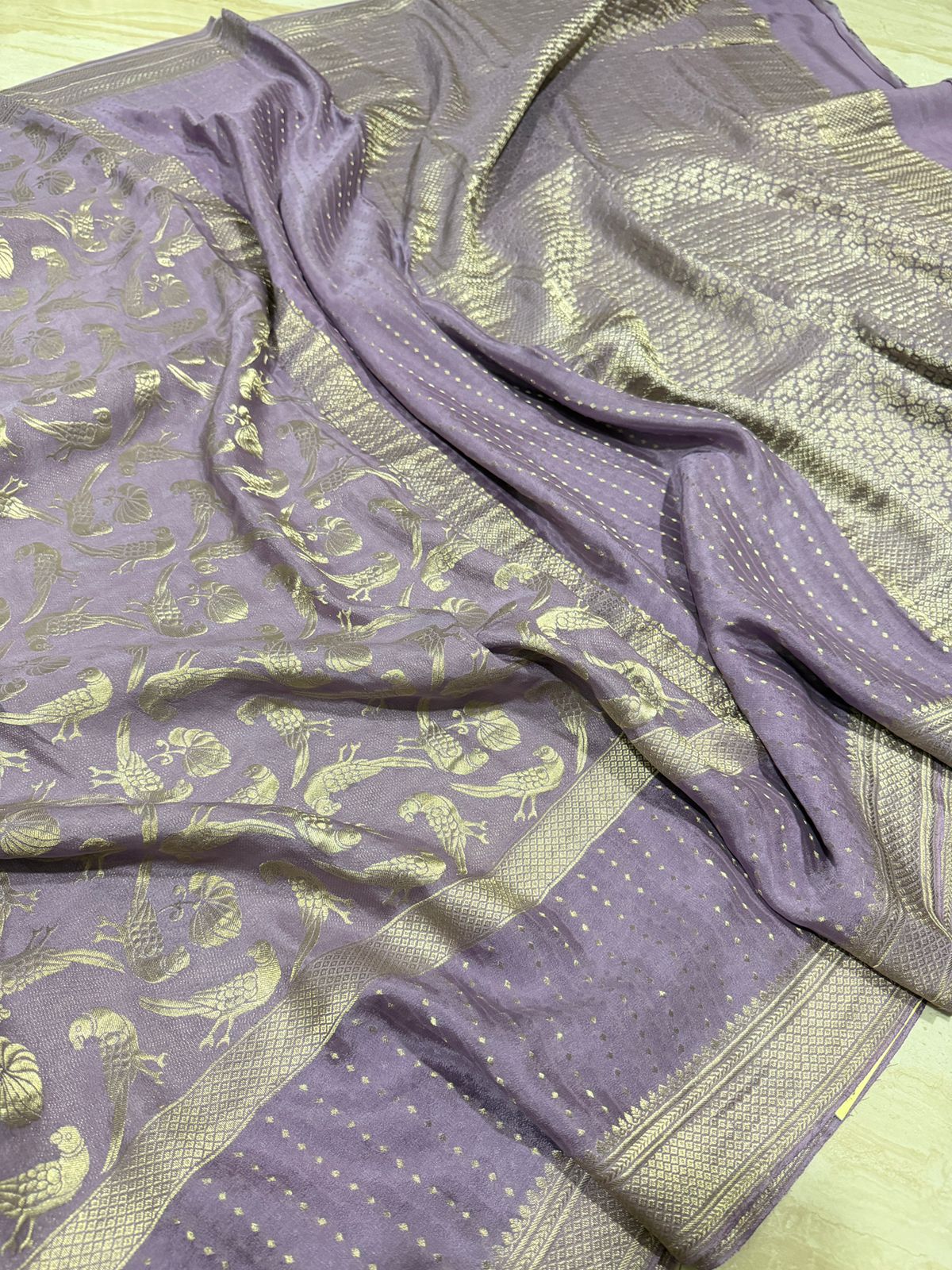 Pure Mysore Brocade Crepe Silk Saree With All Over Platinum Zari Weave