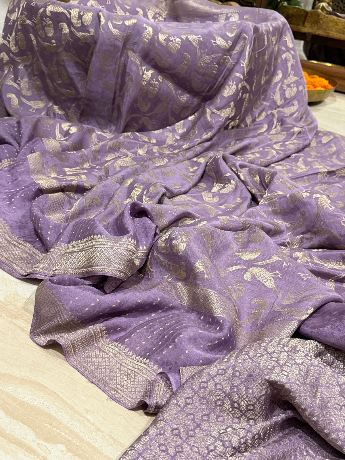 Pure Mysore Brocade Crepe Silk Saree With All Over Platinum Zari Weave