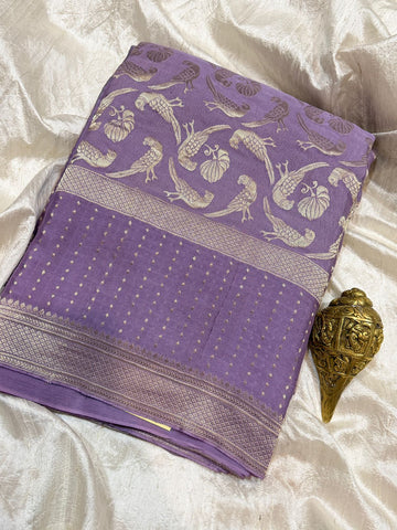 Pure Mysore Brocade Crepe Silk Saree With All Over Platinum Zari Weave