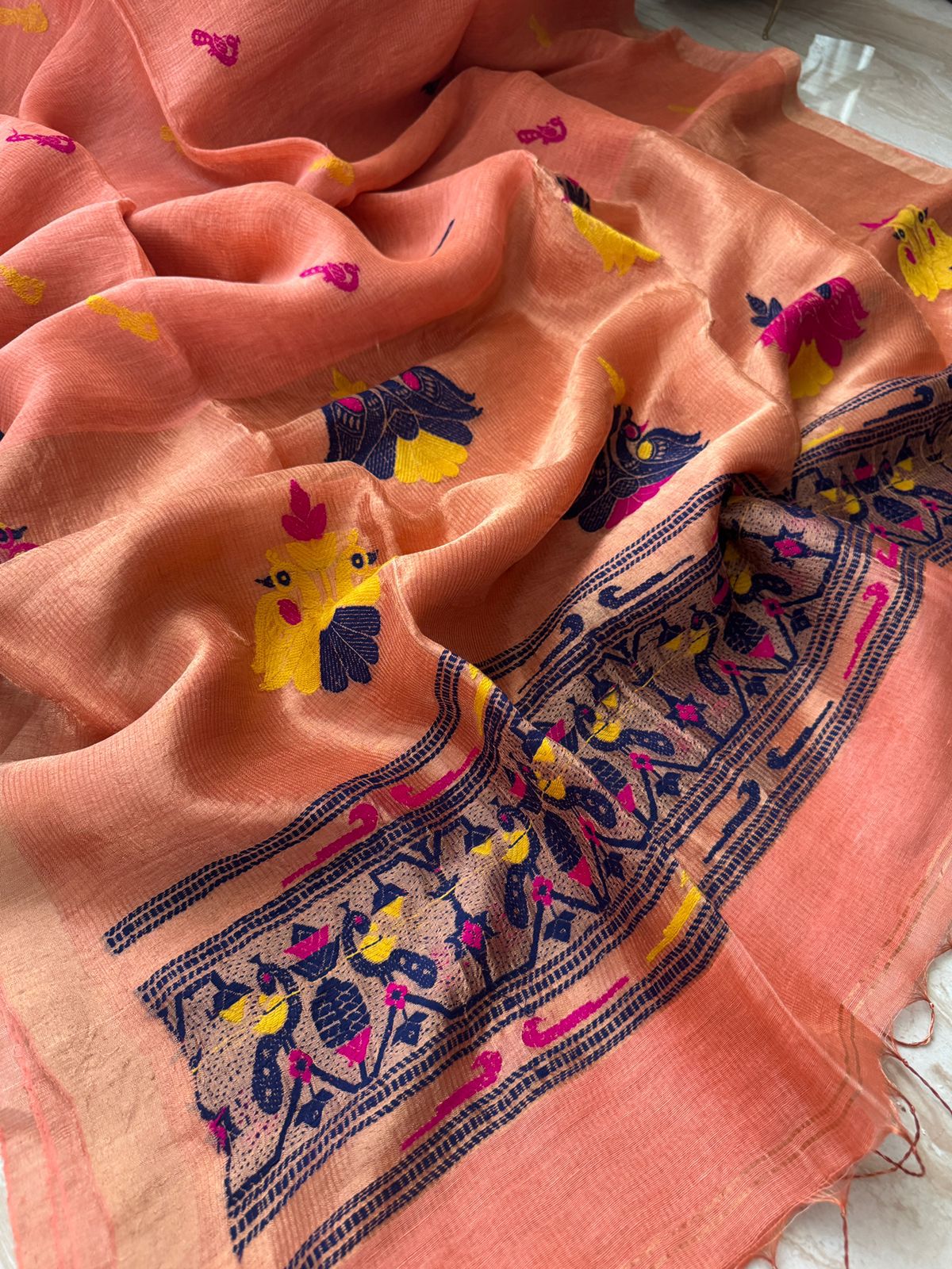 Pure Handloom Linen Tissue Silk Saree With Jamdani Weave