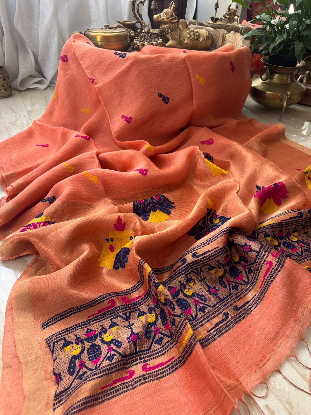 Pure Handloom Linen Tissue Silk Saree With Jamdani Weave