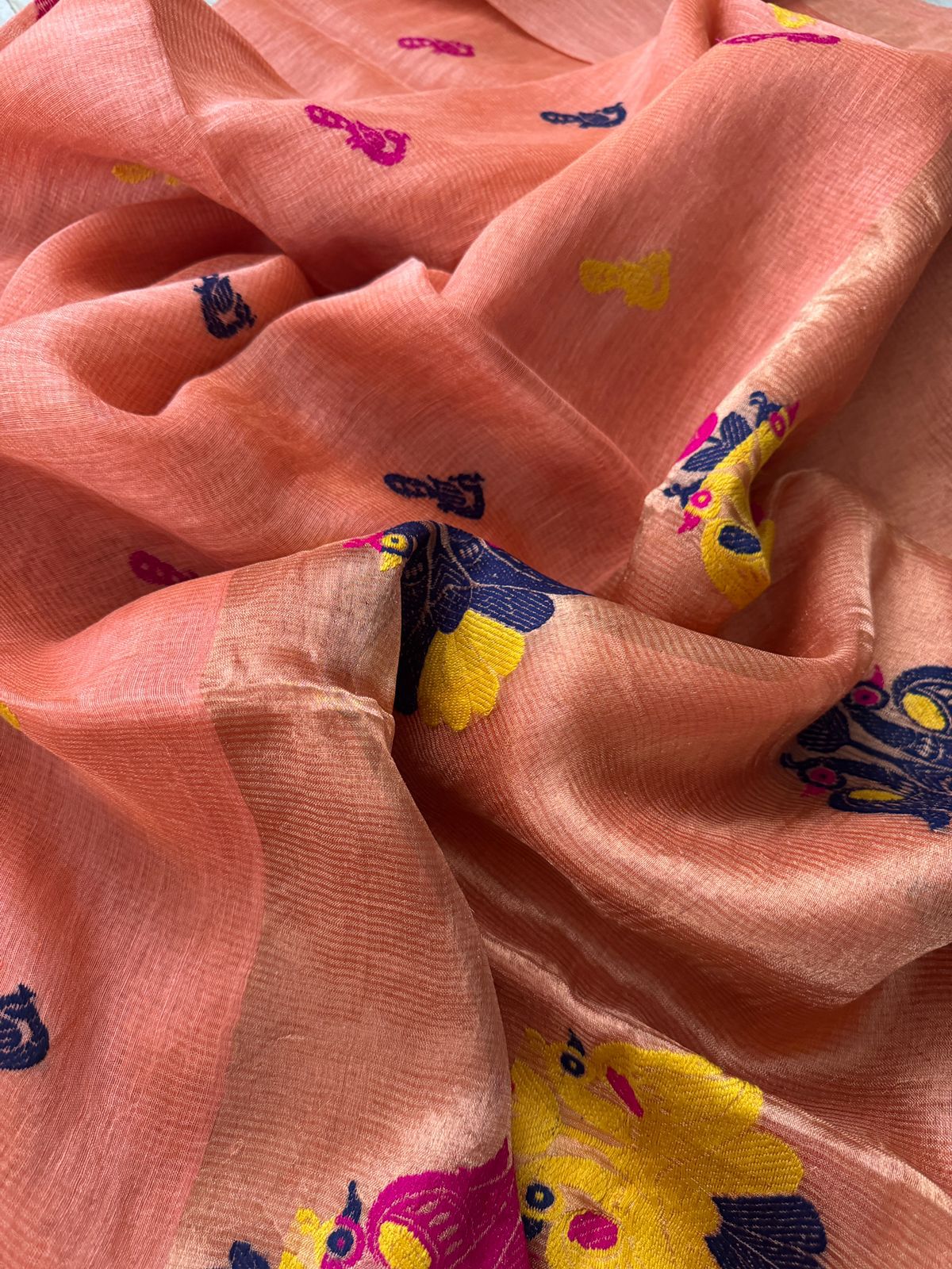 Pure Handloom Linen Tissue Silk Saree With Jamdani Weave