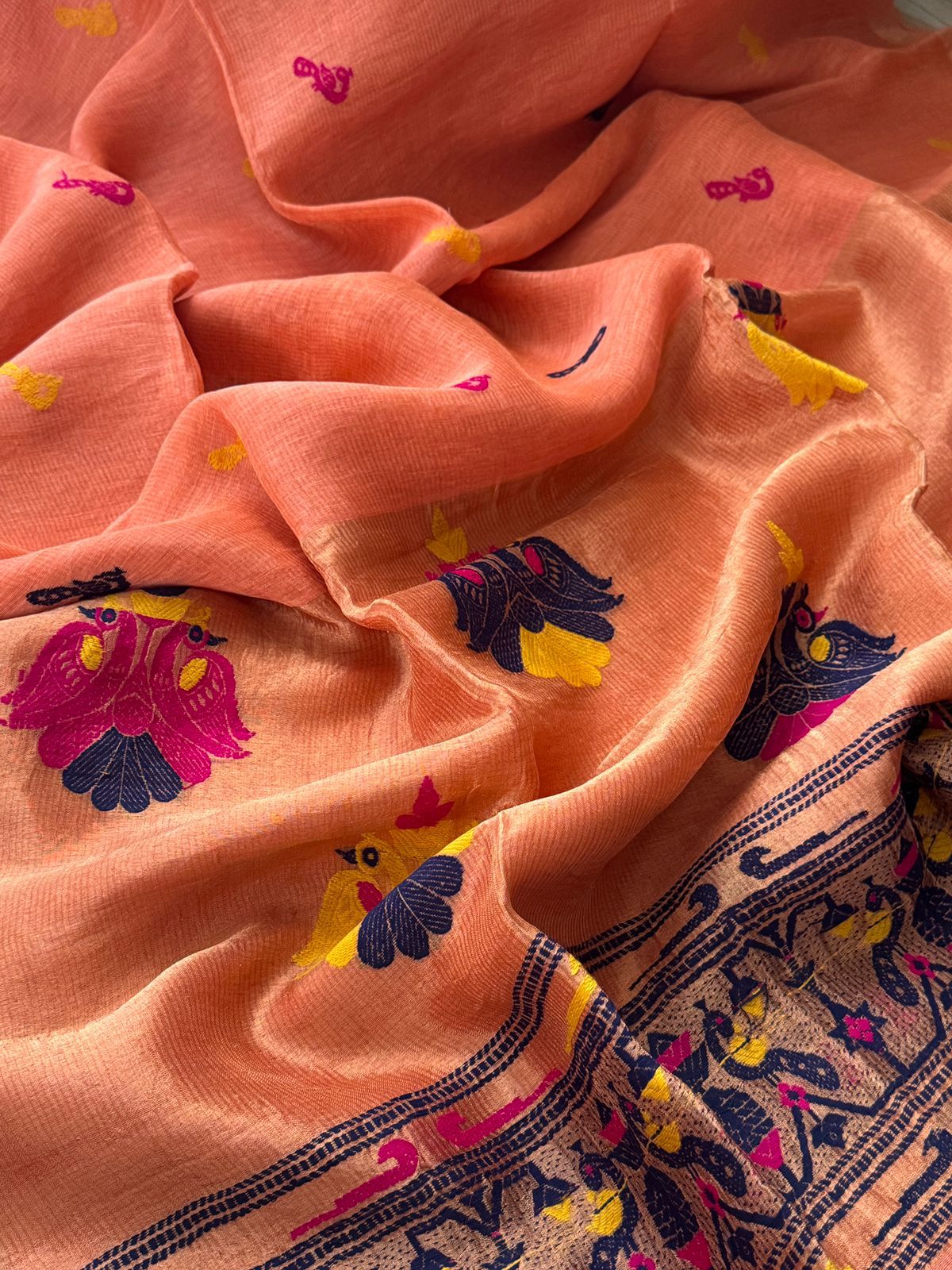 Pure Handloom Linen Tissue Silk Saree With Jamdani Weave