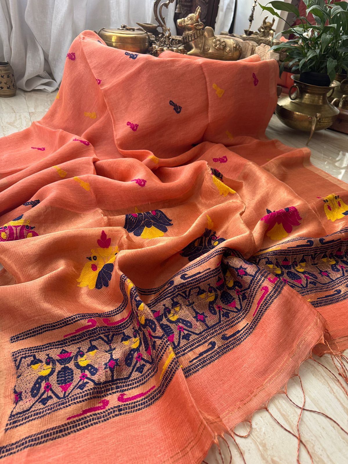 Pure Handloom Linen Tissue Silk Saree With Jamdani Weave