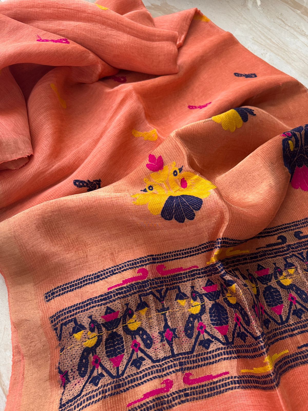 Pure Handloom Linen Tissue Silk Saree With Jamdani Weave
