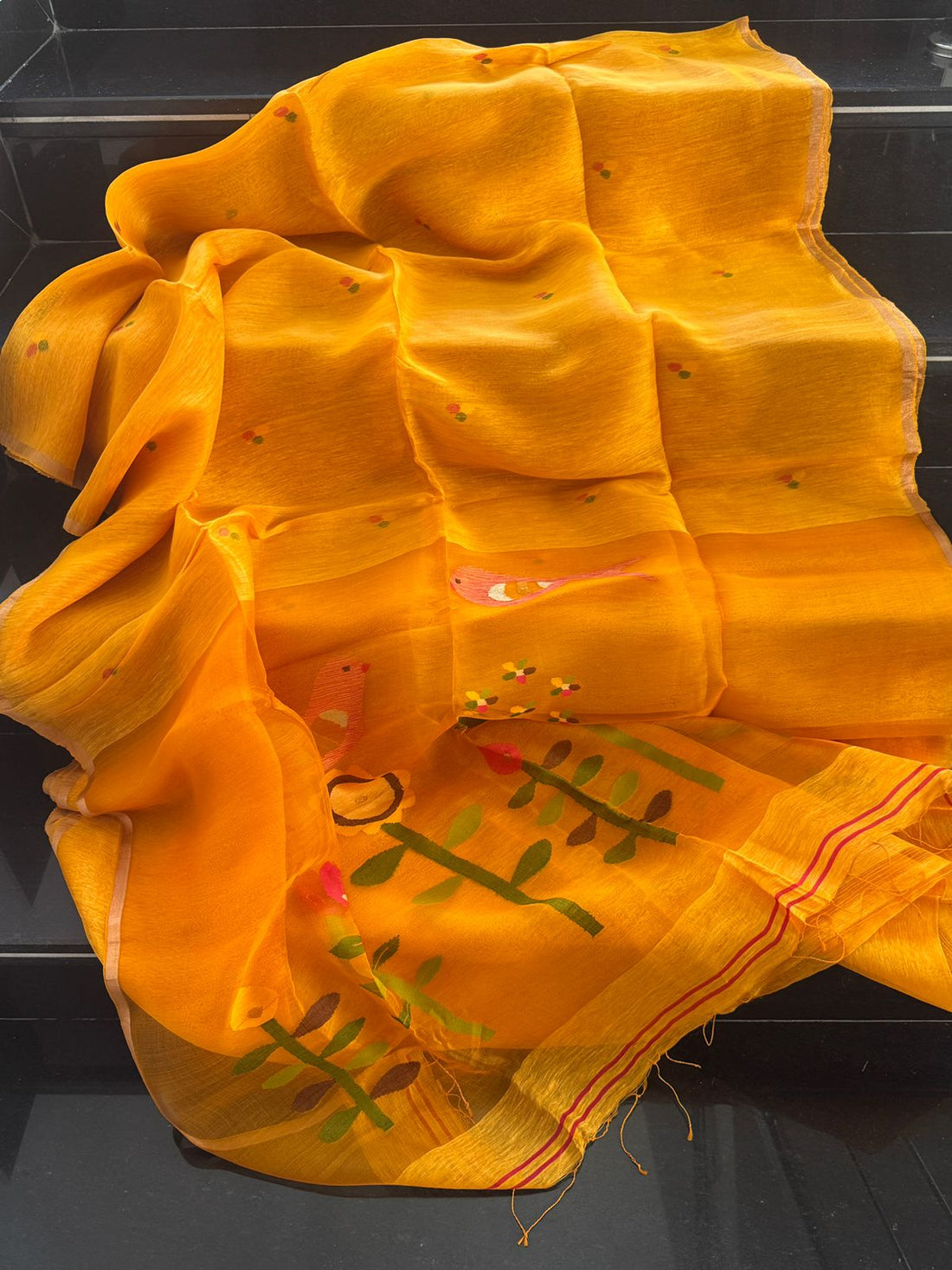 Handwoven Silk Linen Jamdani with Bird Motifs