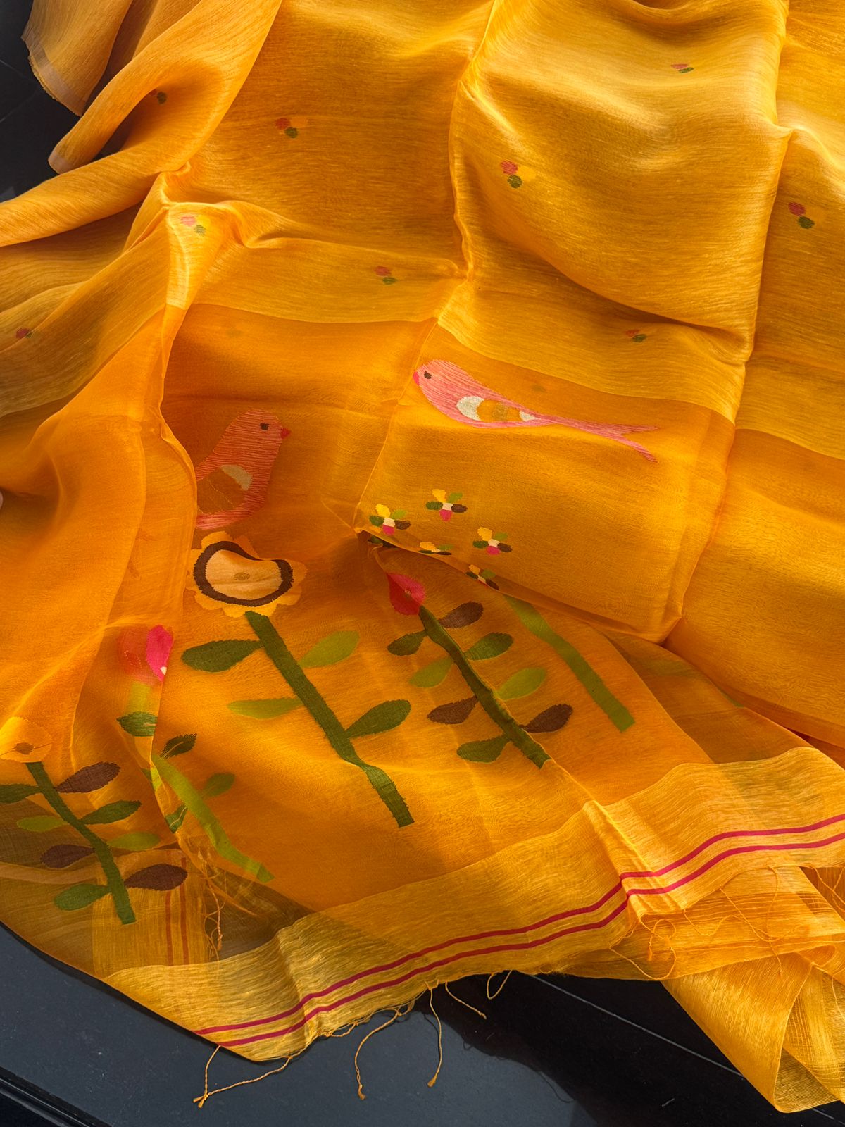 Handwoven Silk Linen Jamdani with Bird Motifs