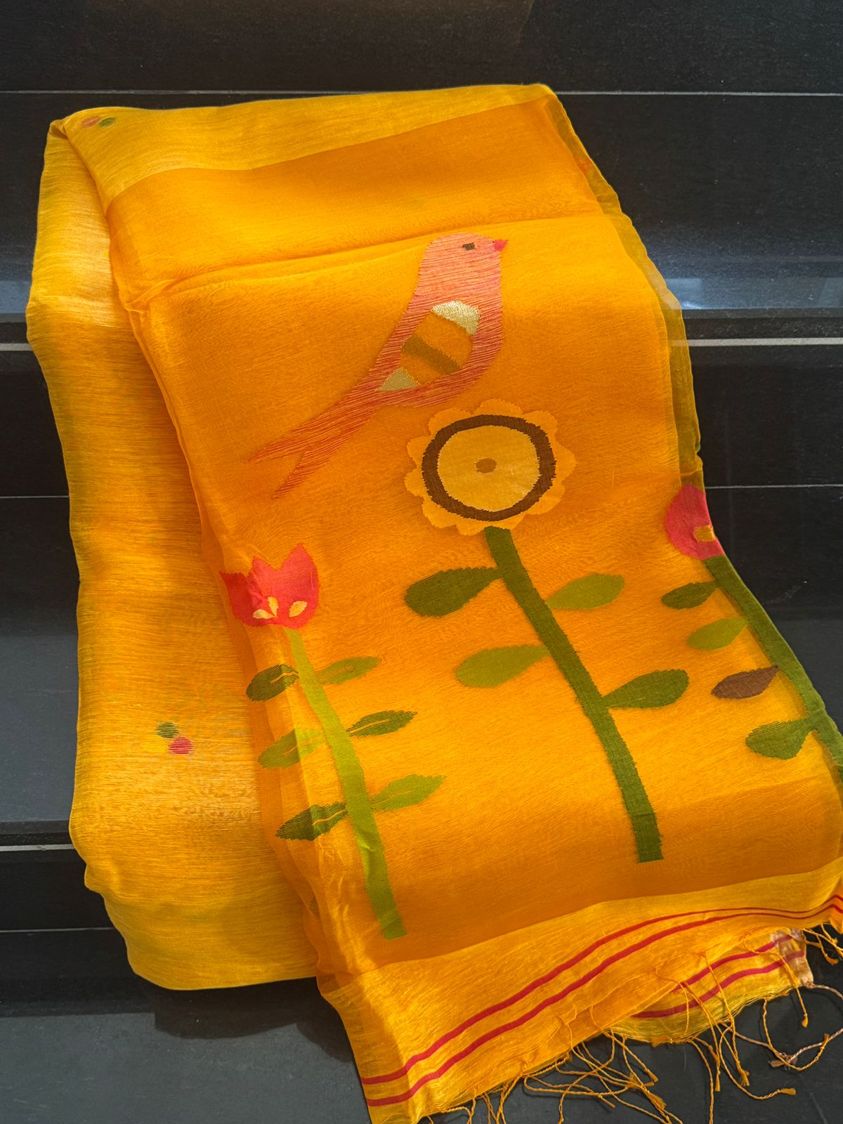 Handwoven Silk Linen Jamdani with Bird Motifs