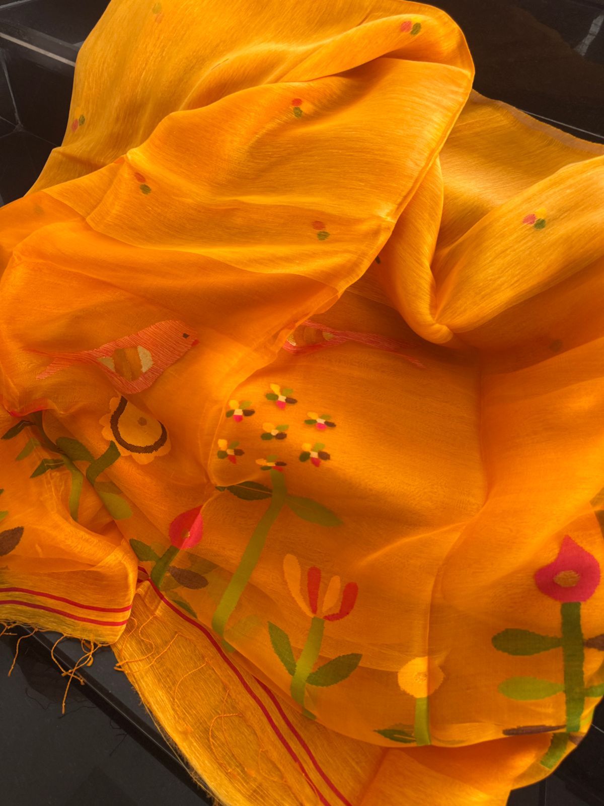 Handwoven Silk Linen Jamdani with Bird Motifs