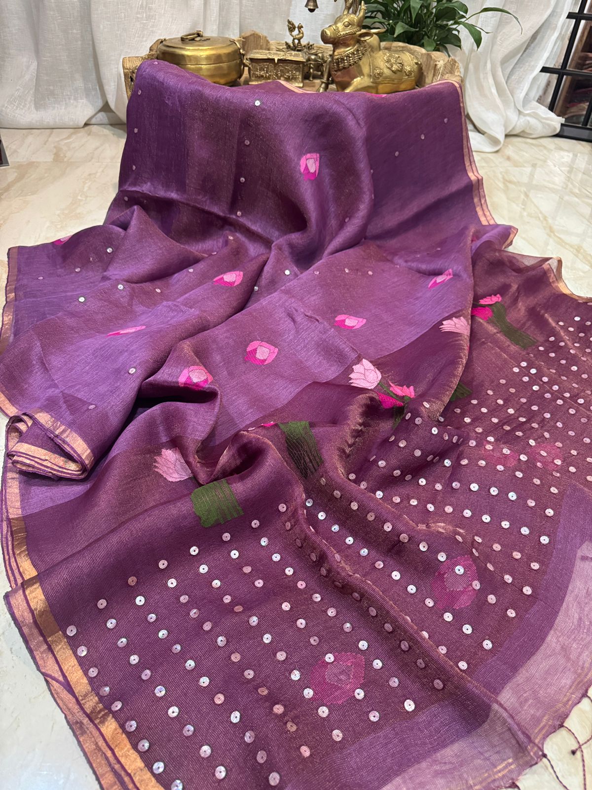 Royal Purple Linen Tissue Silk Saree with Jamdani Weave & Sea Shell Sequins