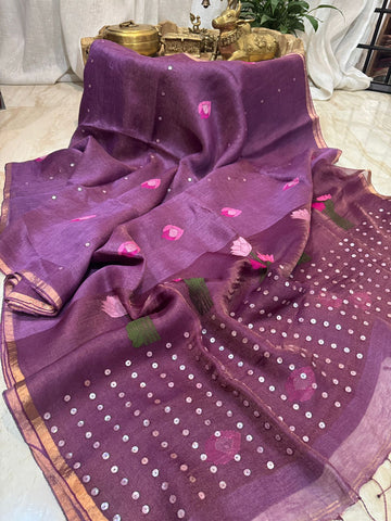 Royal Purple Linen Tissue Silk Saree with Jamdani Weave & Sea Shell Sequins