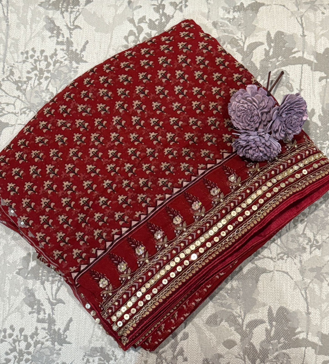 Georgette Ajrakh Print Saree With Hand Zardozi Border