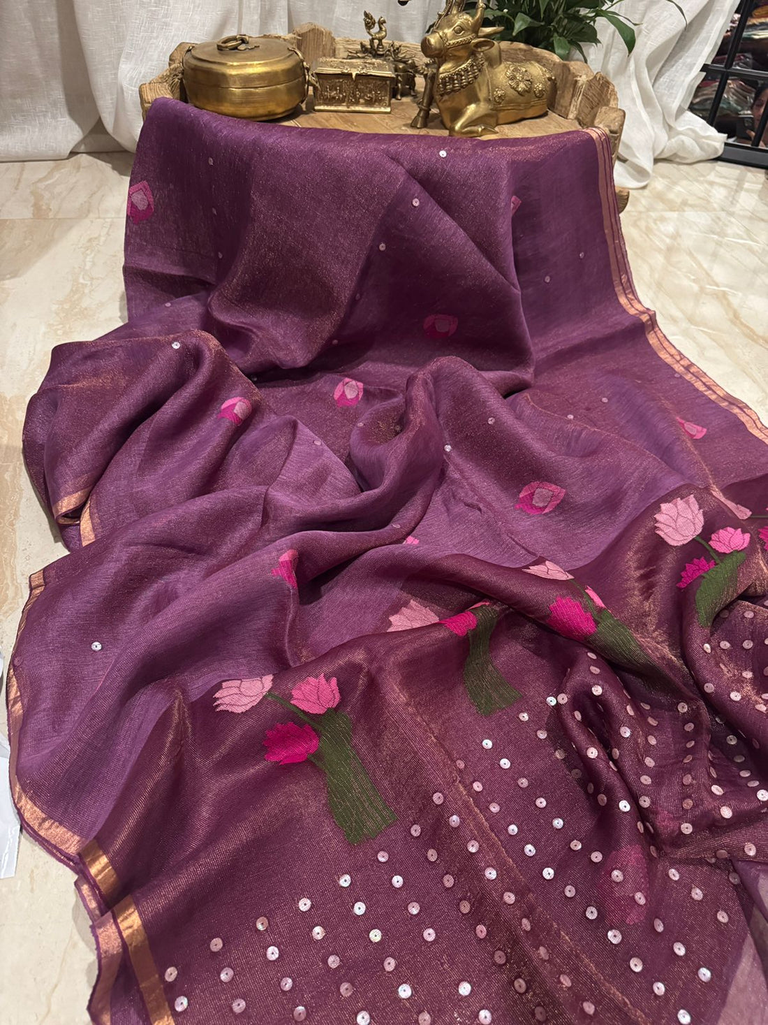 Royal Purple Linen Tissue Silk Saree with Jamdani Weave & Sea Shell Sequins