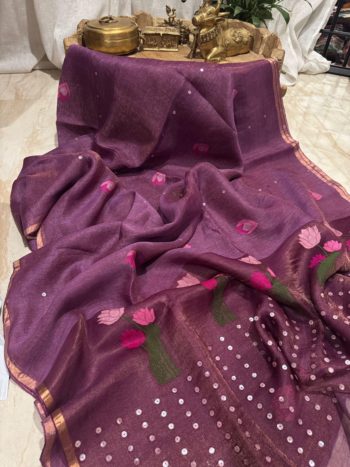 Royal Purple Linen Tissue Silk Saree with Jamdani Weave & Sea Shell Sequins