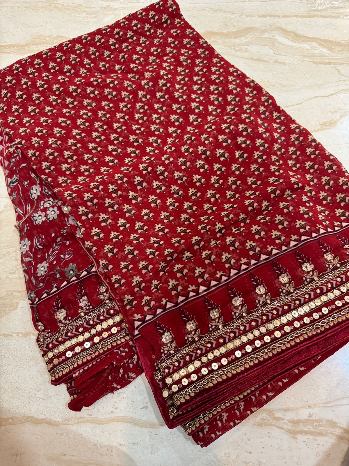 Georgette Ajrakh Print Saree With Hand Zardozi Border