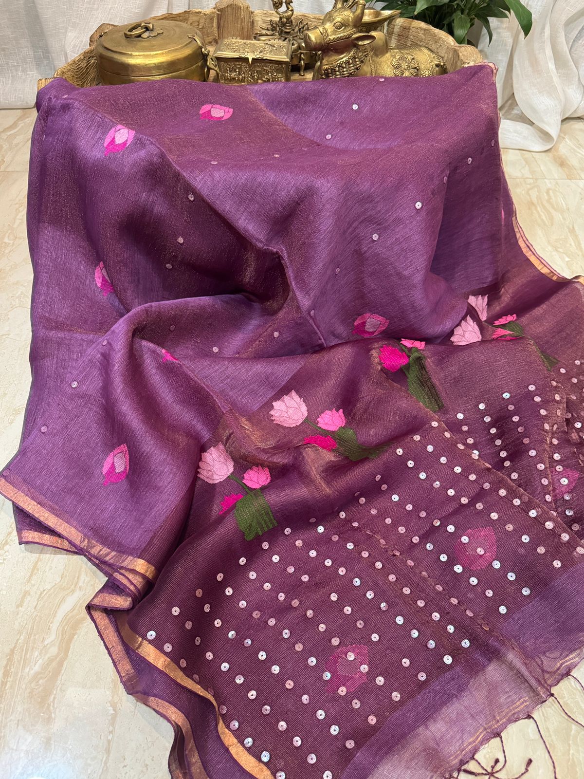 Royal Purple Linen Tissue Silk Saree with Jamdani Weave & Sea Shell Sequins