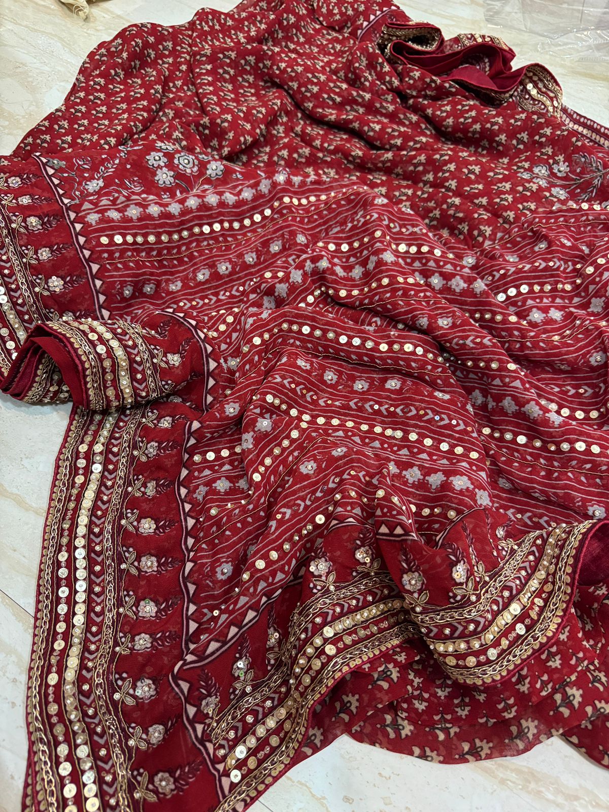 Georgette Ajrakh Print Saree With Hand Zardozi Border