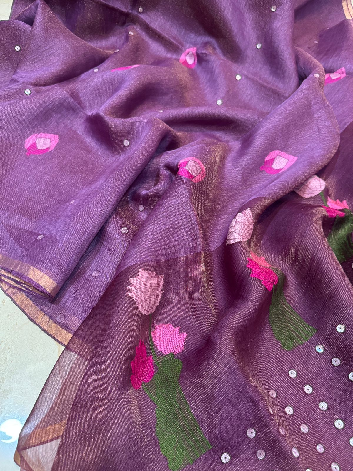 Royal Purple Linen Tissue Silk Saree with Jamdani Weave & Sea Shell Sequins