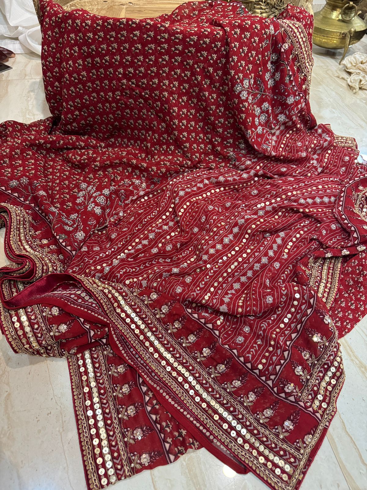 Georgette Ajrakh Print Saree With Hand Zardozi Border