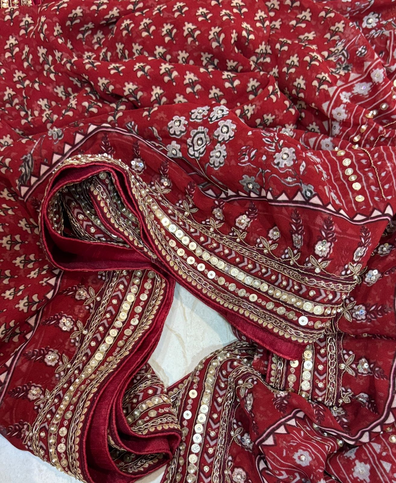 Georgette Ajrakh Print Saree With Hand Zardozi Border