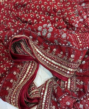 Georgette Ajrakh Print Saree With Hand Zardozi Border