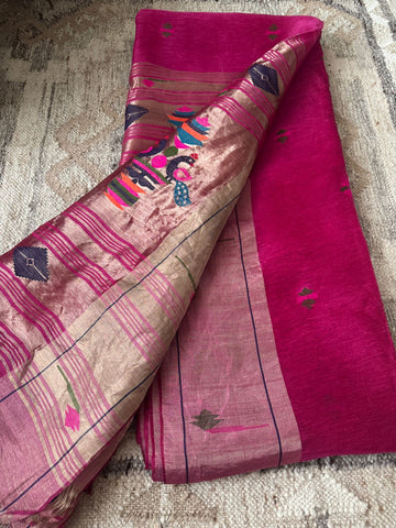 Linen Silk Saree with Paithani Weave Tissue Pallu & Border
