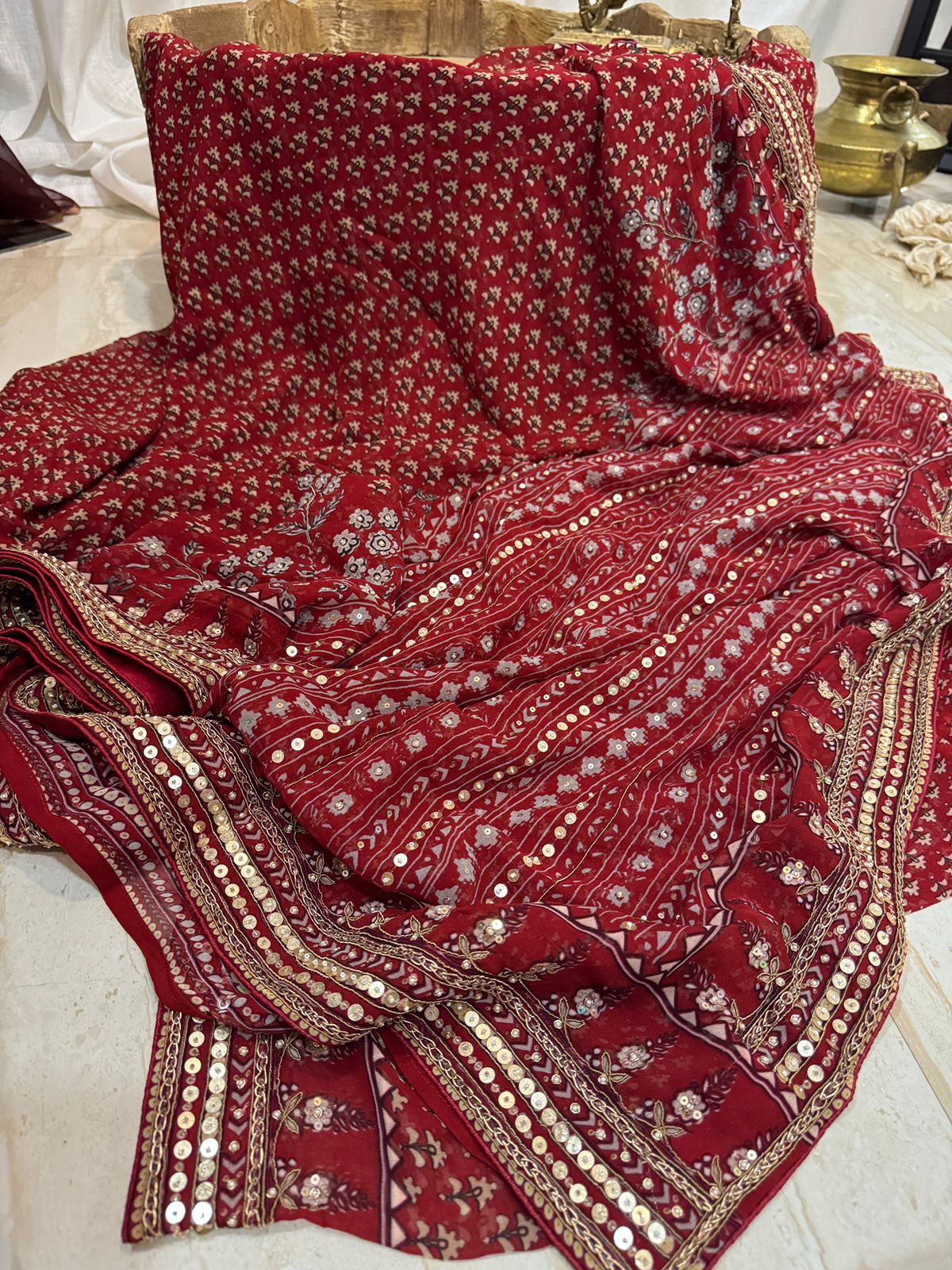 Georgette Ajrakh Print Saree With Hand Zardozi Border