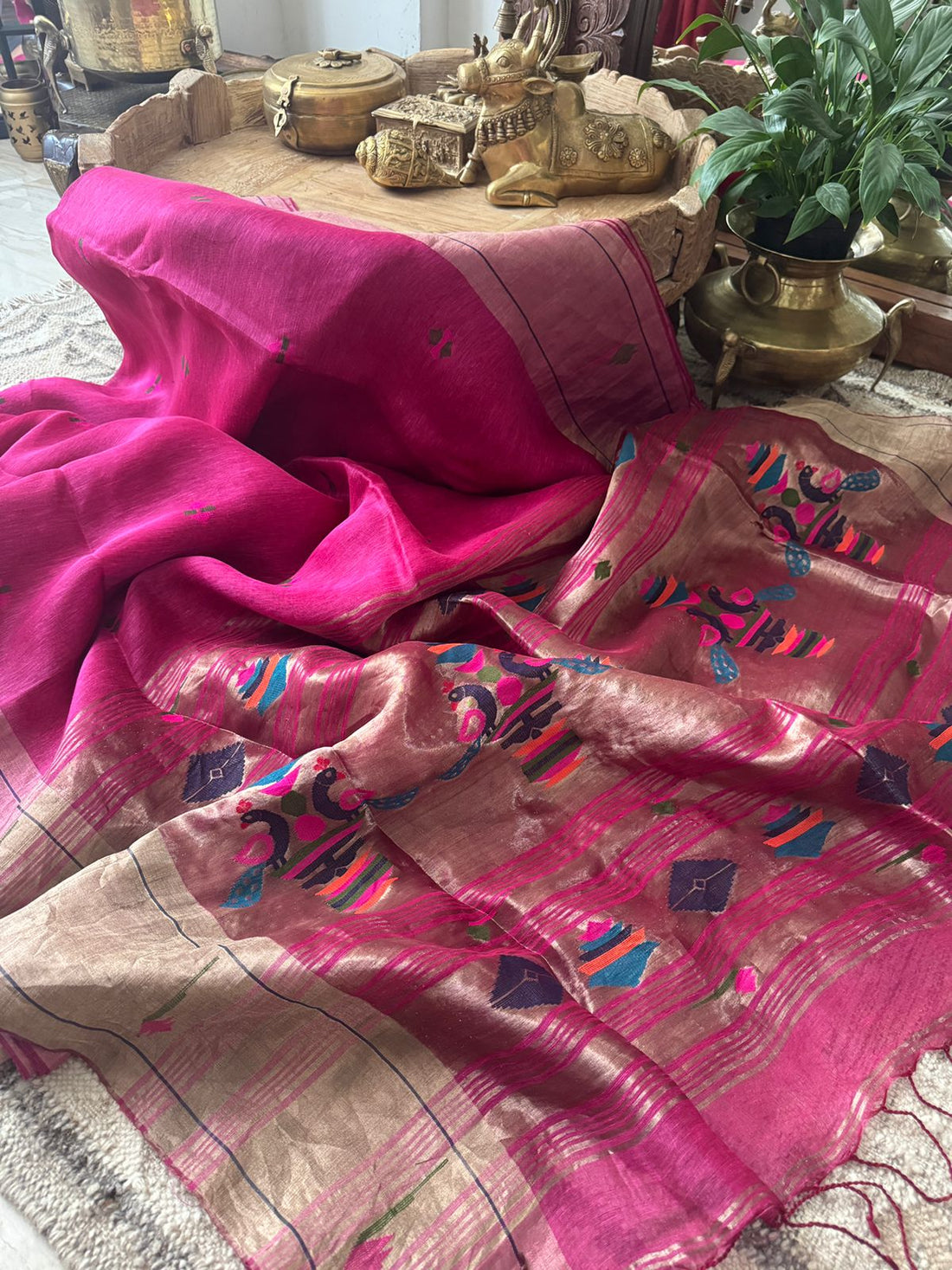 Linen Silk Saree with Paithani Weave Tissue Pallu & Border
