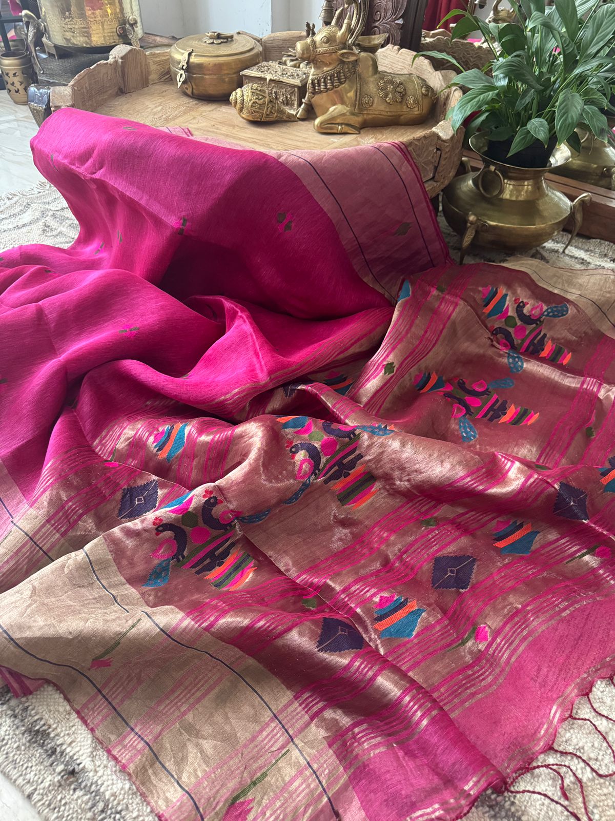 Linen Silk Saree with Paithani Weave Tissue Pallu & Border