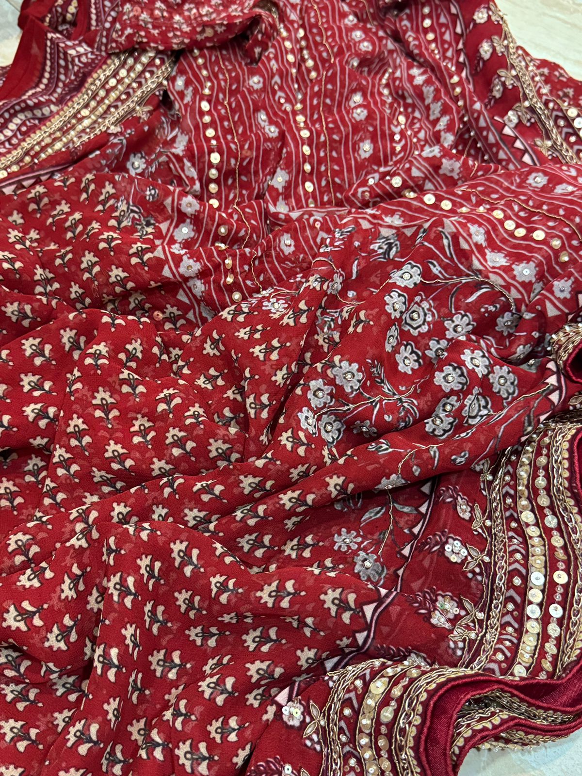 Georgette Ajrakh Print Saree With Hand Zardozi Border