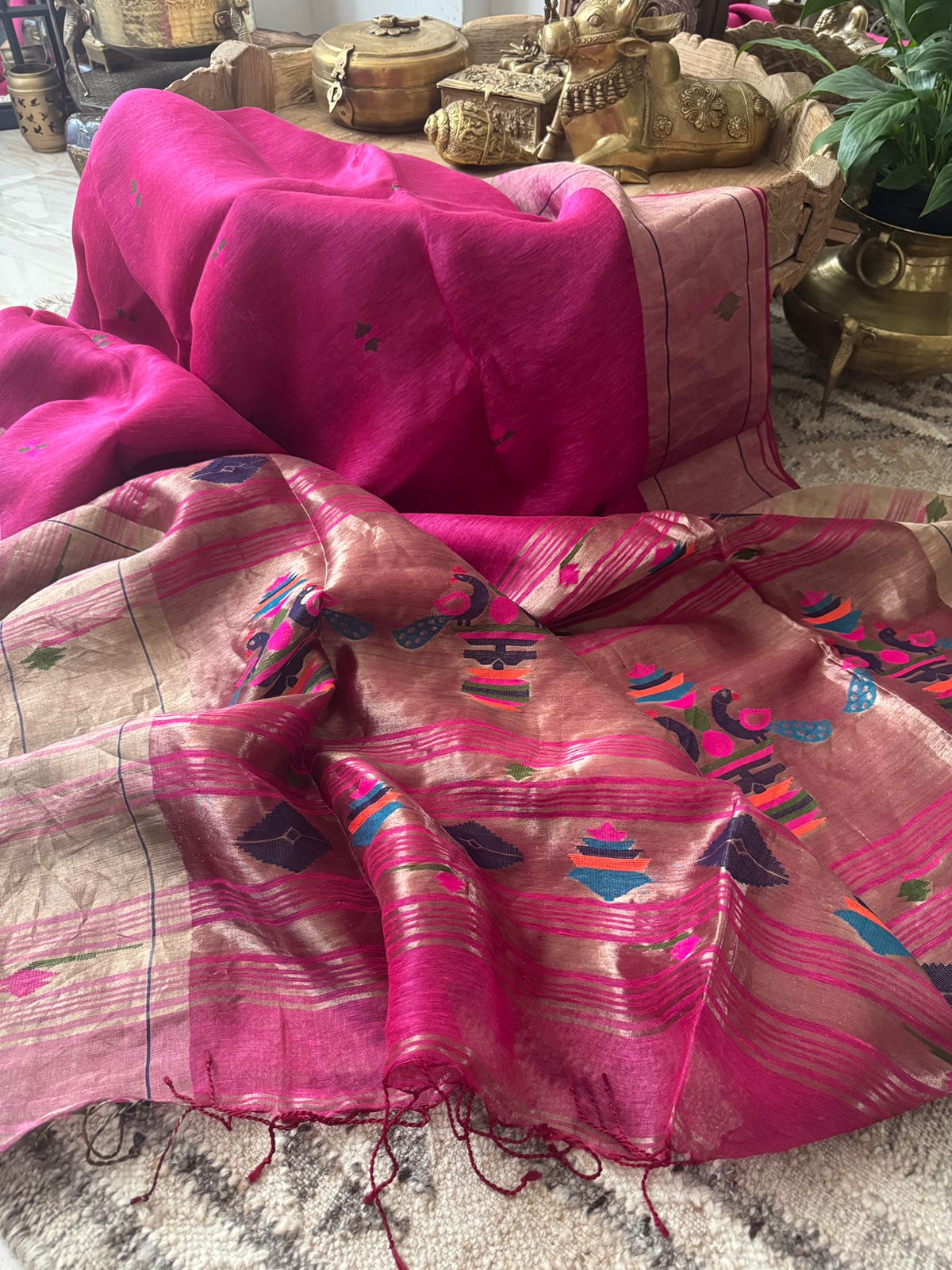 Linen Silk Saree with Paithani Weave Tissue Pallu & Border