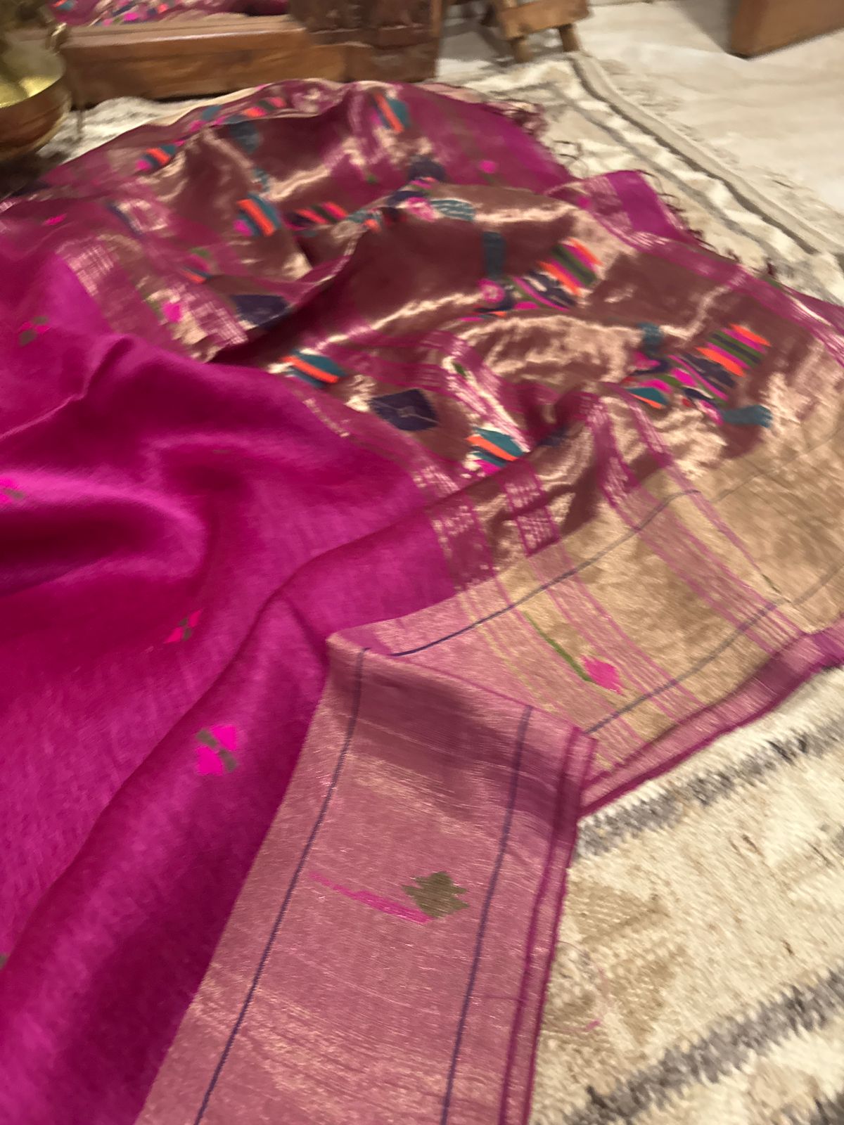 Linen Silk Saree with Paithani Weave Tissue Pallu & Border
