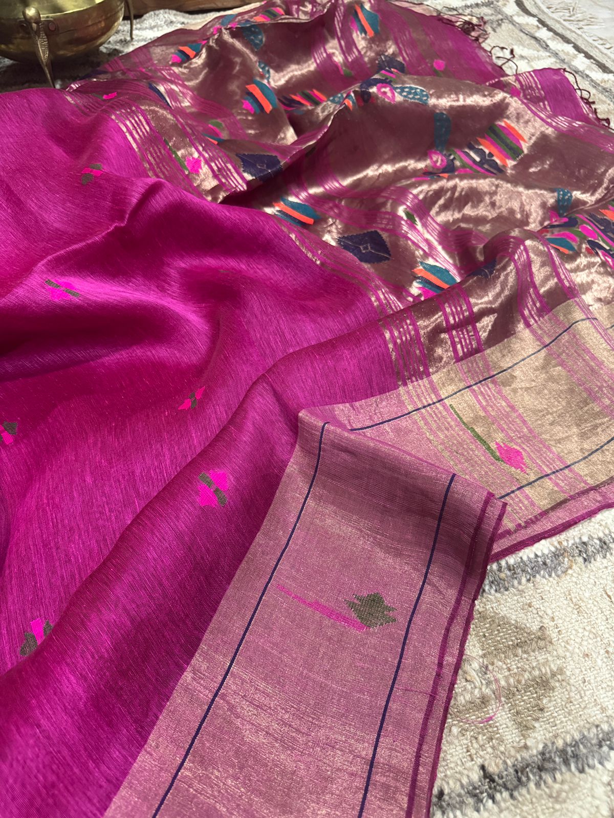 Linen Silk Saree with Paithani Weave Tissue Pallu & Border