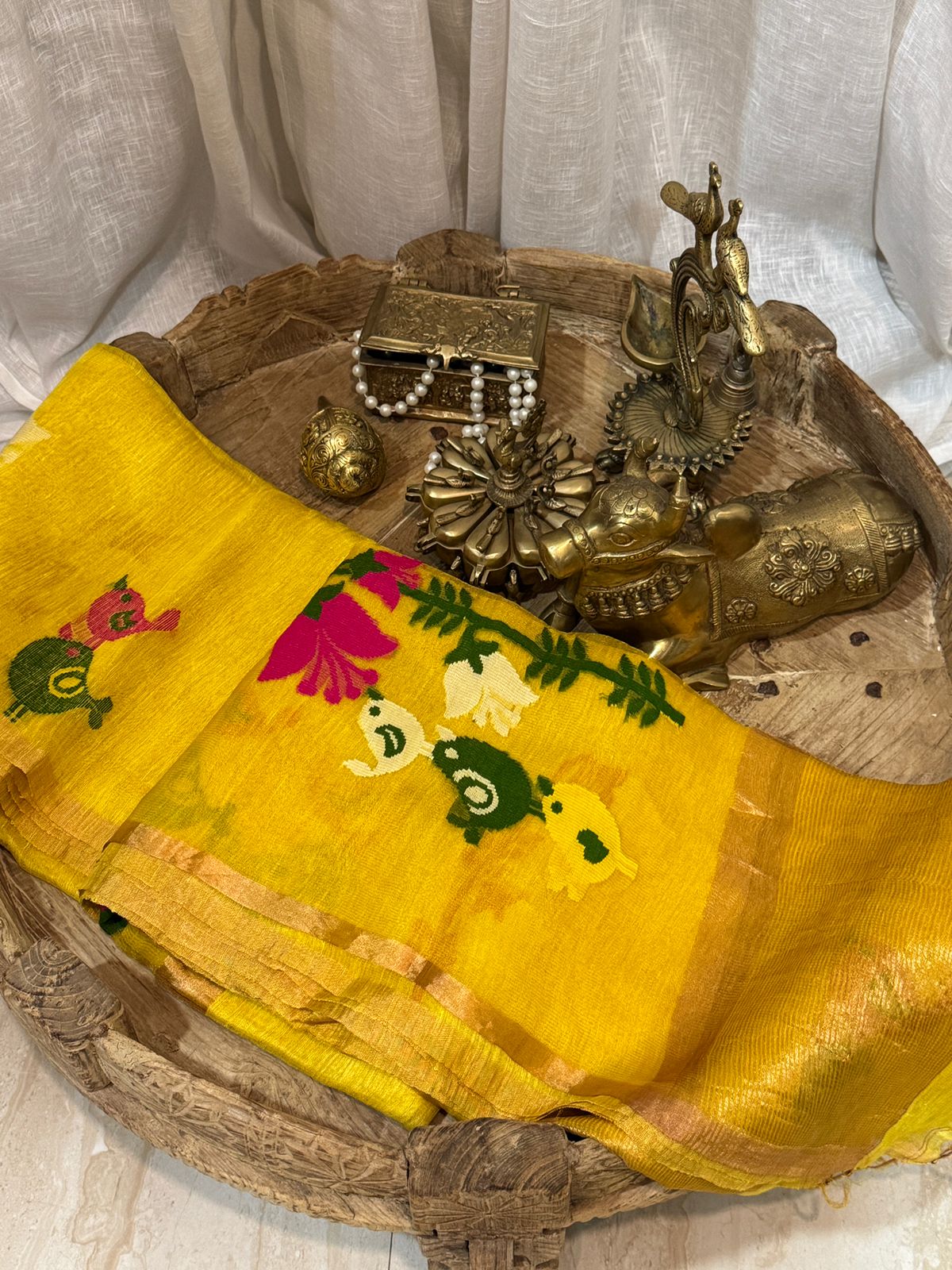 Pure Hamdloom Linen Tissue Silk Saree With Jamdani Weave