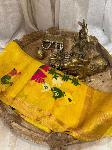 Pure Hamdloom Linen Tissue Silk Saree With Jamdani Weave