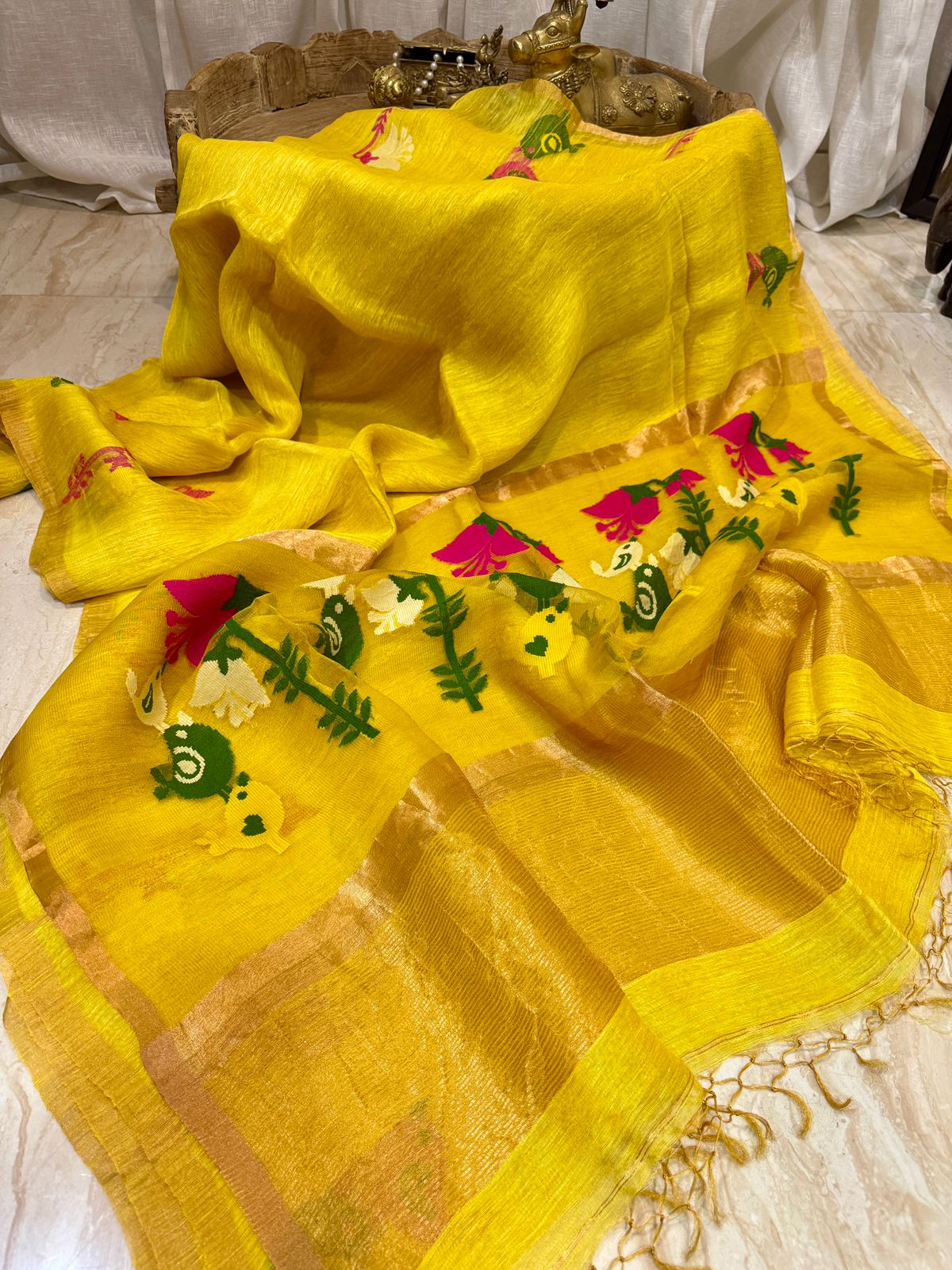 Pure Hamdloom Linen Tissue Silk Saree With Jamdani Weave