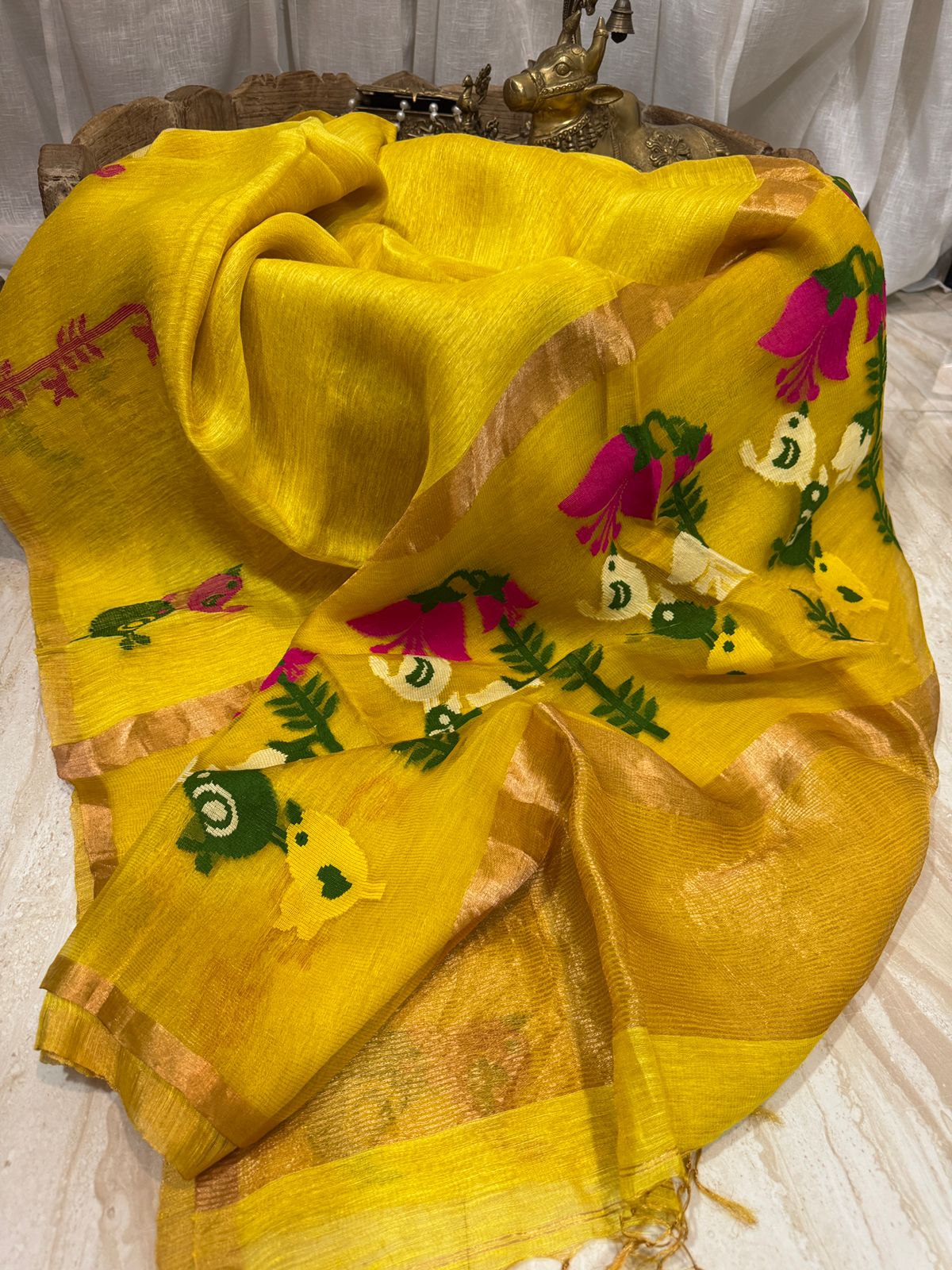 Pure Hamdloom Linen Tissue Silk Saree With Jamdani Weave