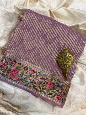 Mysore Brocade Crepe Silk Saree With Petit Point Embroidery