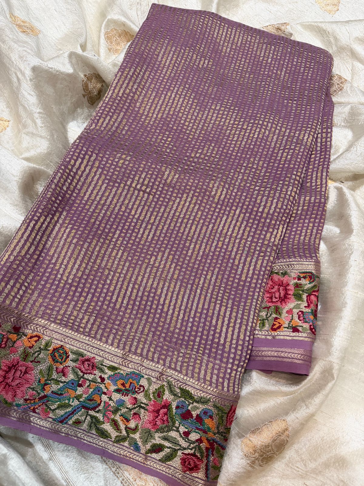 Mysore Brocade Crepe Silk Saree With Petit Point Embroidery