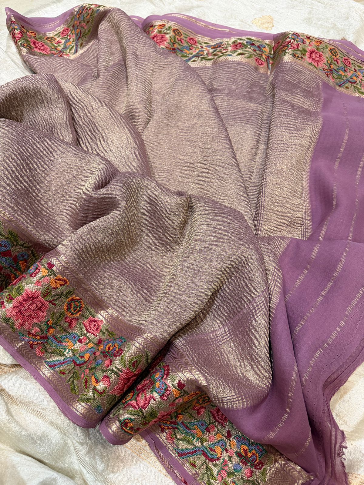 Mysore Brocade Crepe Silk Saree With Petit Point Embroidery