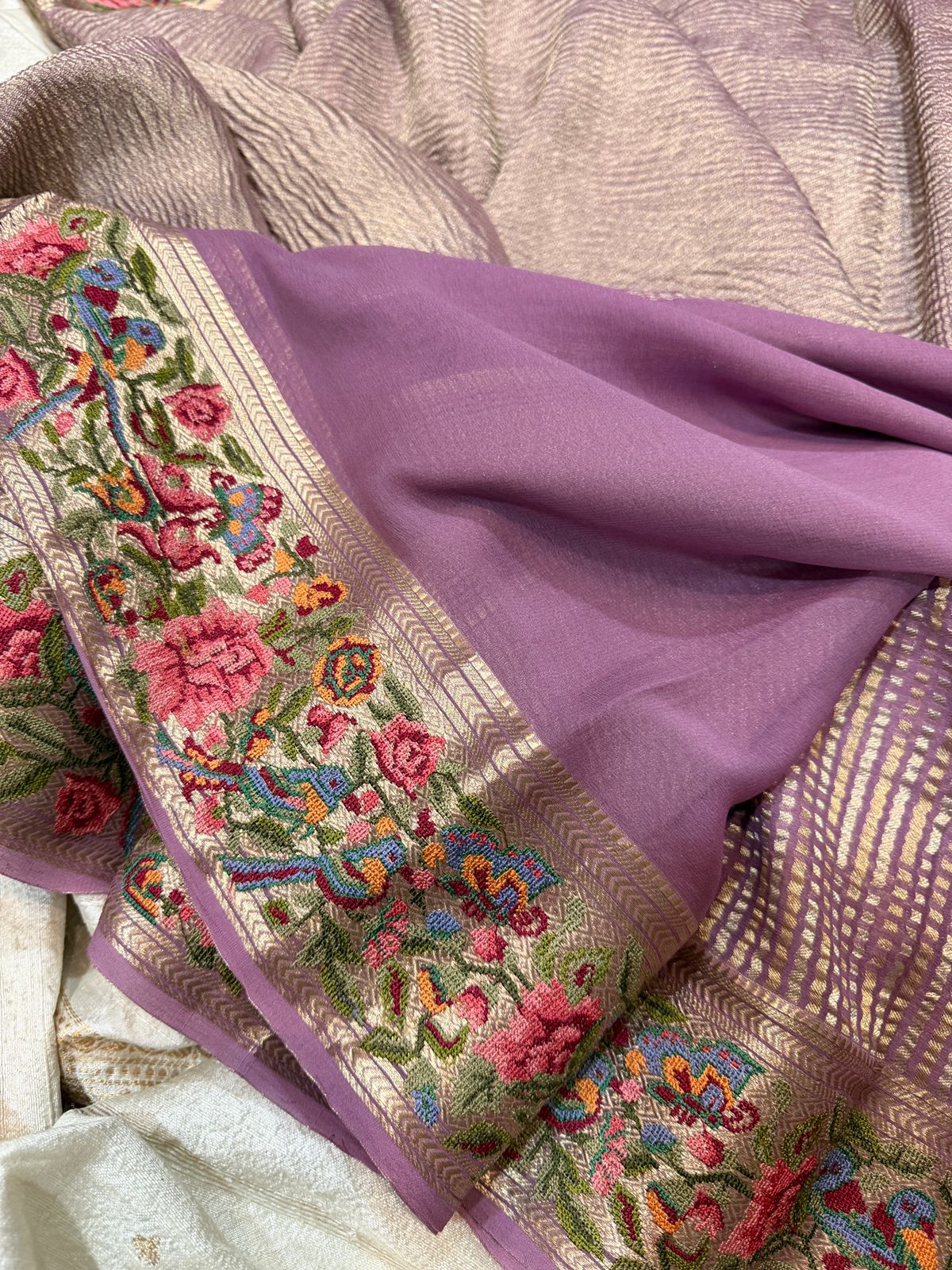 Mysore Brocade Crepe Silk Saree With Petit Point Embroidery