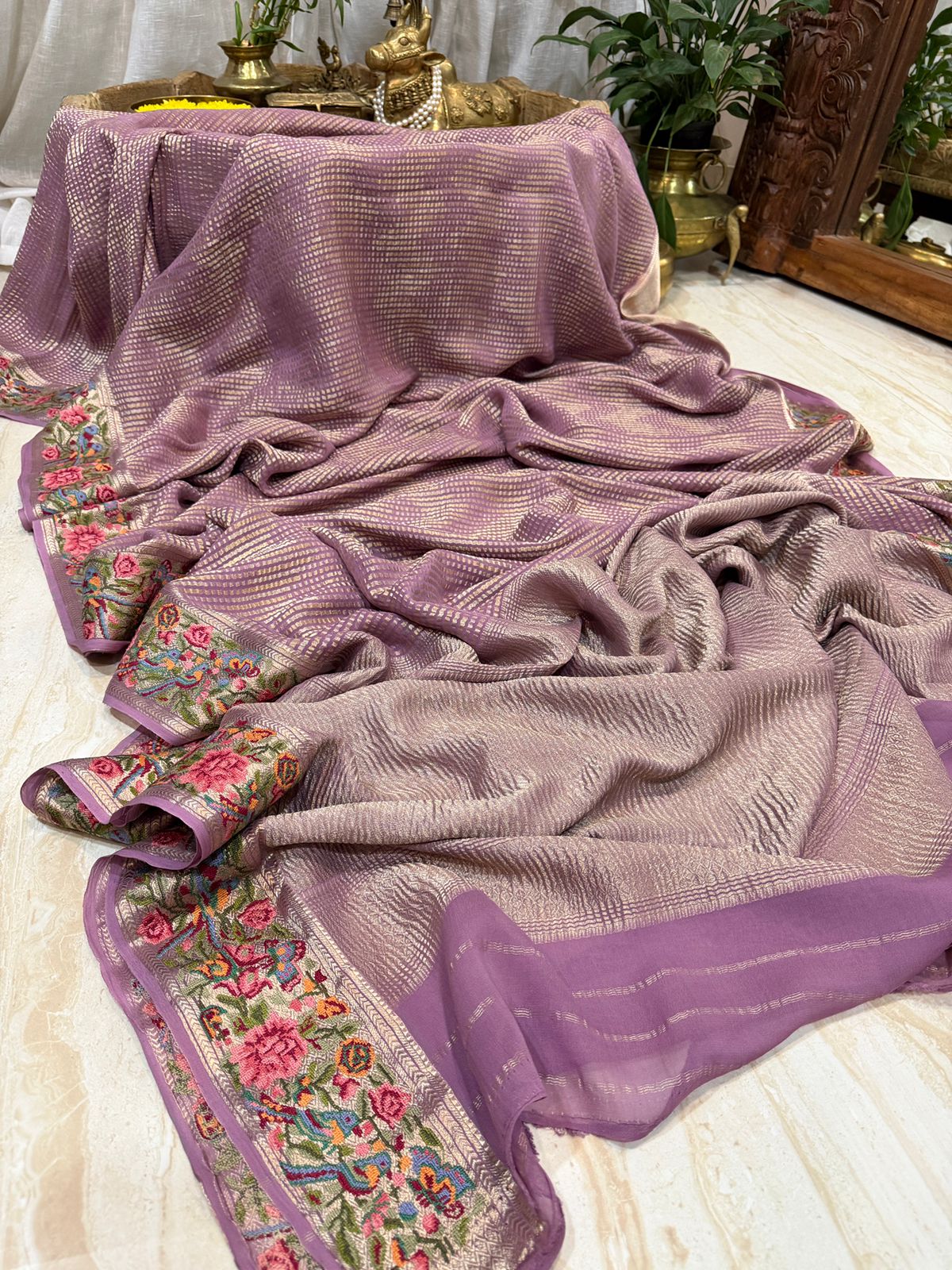 Mysore Brocade Crepe Silk Saree With Petit Point Embroidery