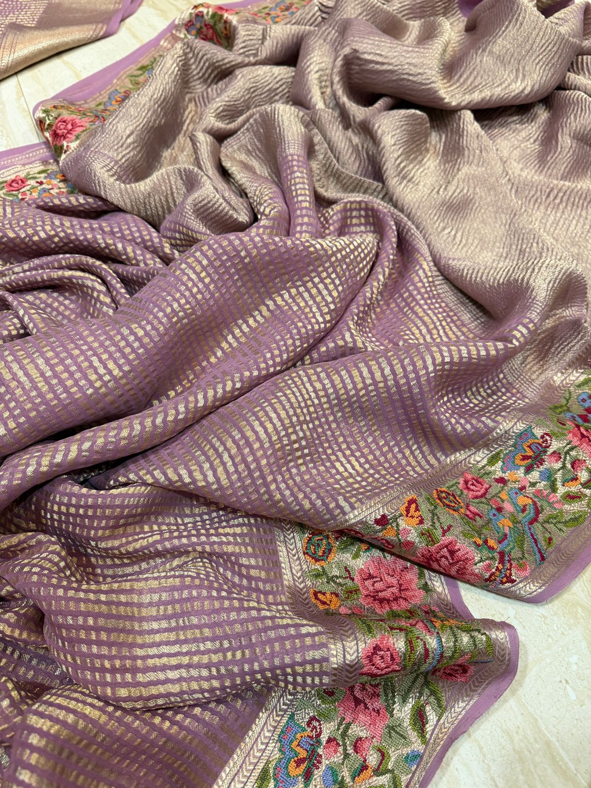 Mysore Brocade Crepe Silk Saree With Petit Point Embroidery