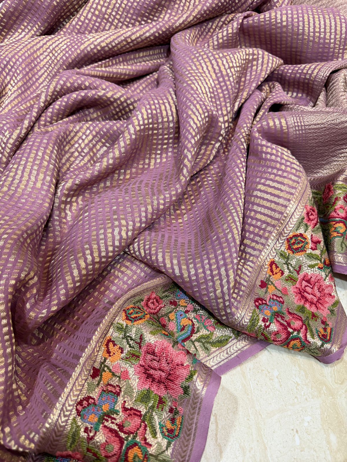 Mysore Brocade Crepe Silk Saree With Petit Point Embroidery