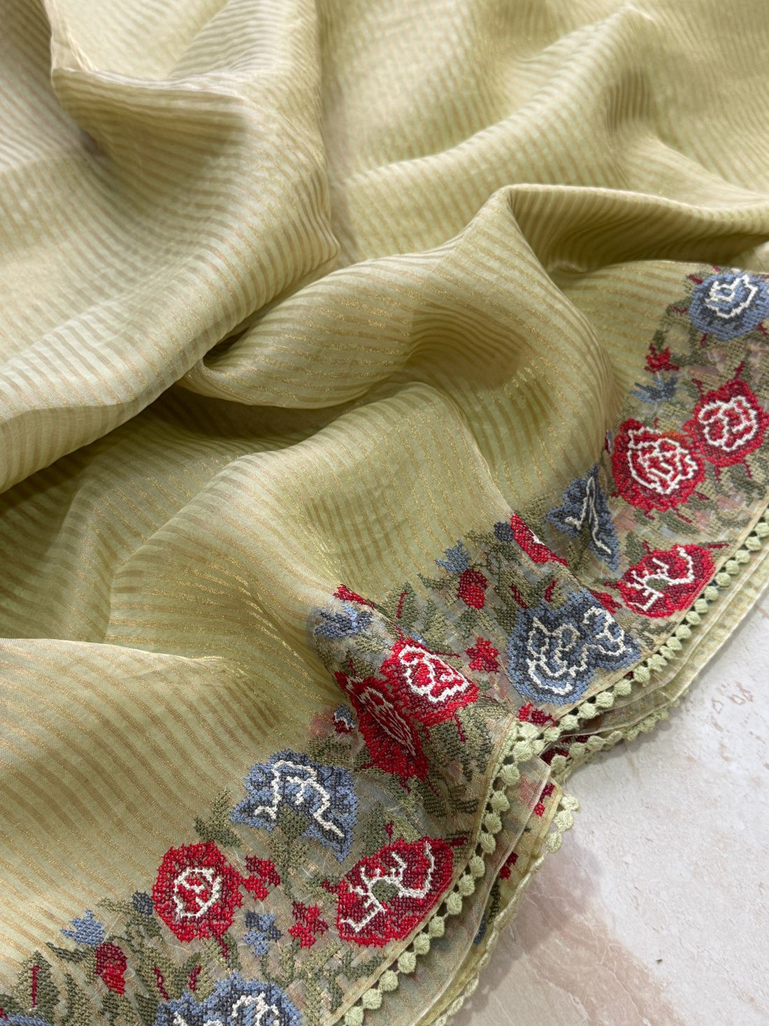Banarasi Soft Tissue Silk Saree with Patti-Point Embroidery Border
