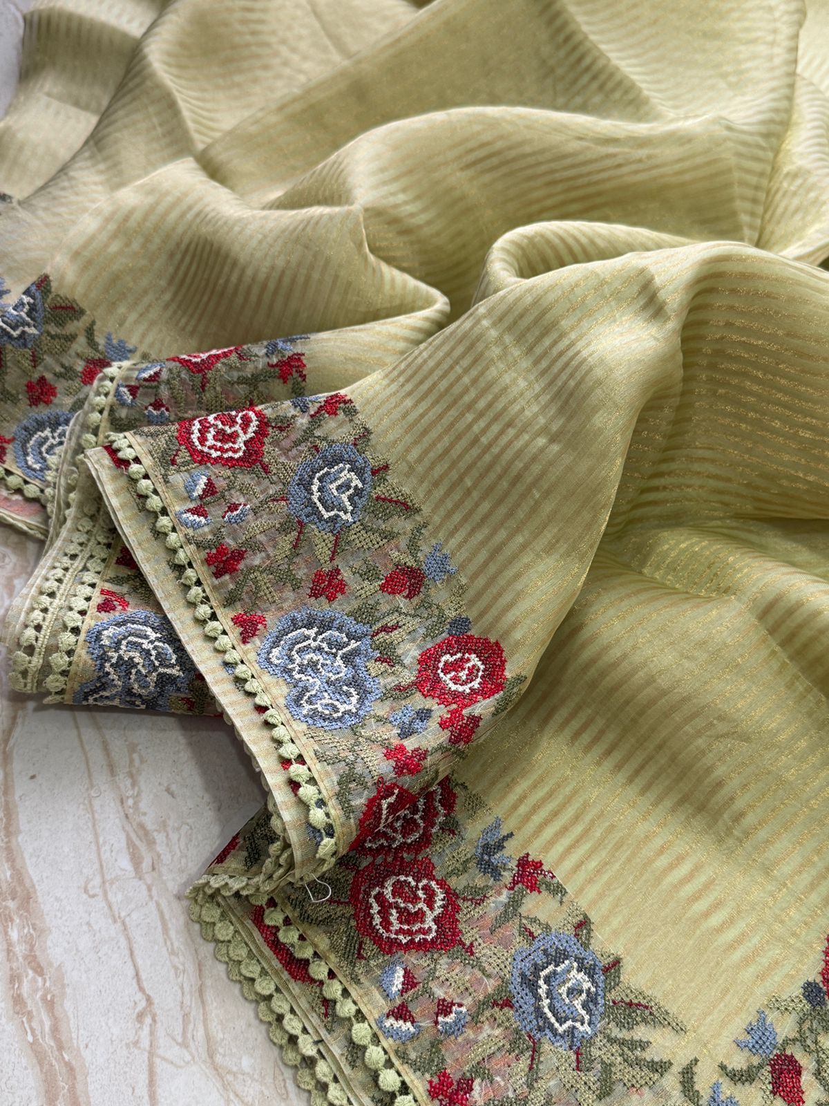 Banarasi Soft Tissue Silk Saree with Patti-Point Embroidery Border