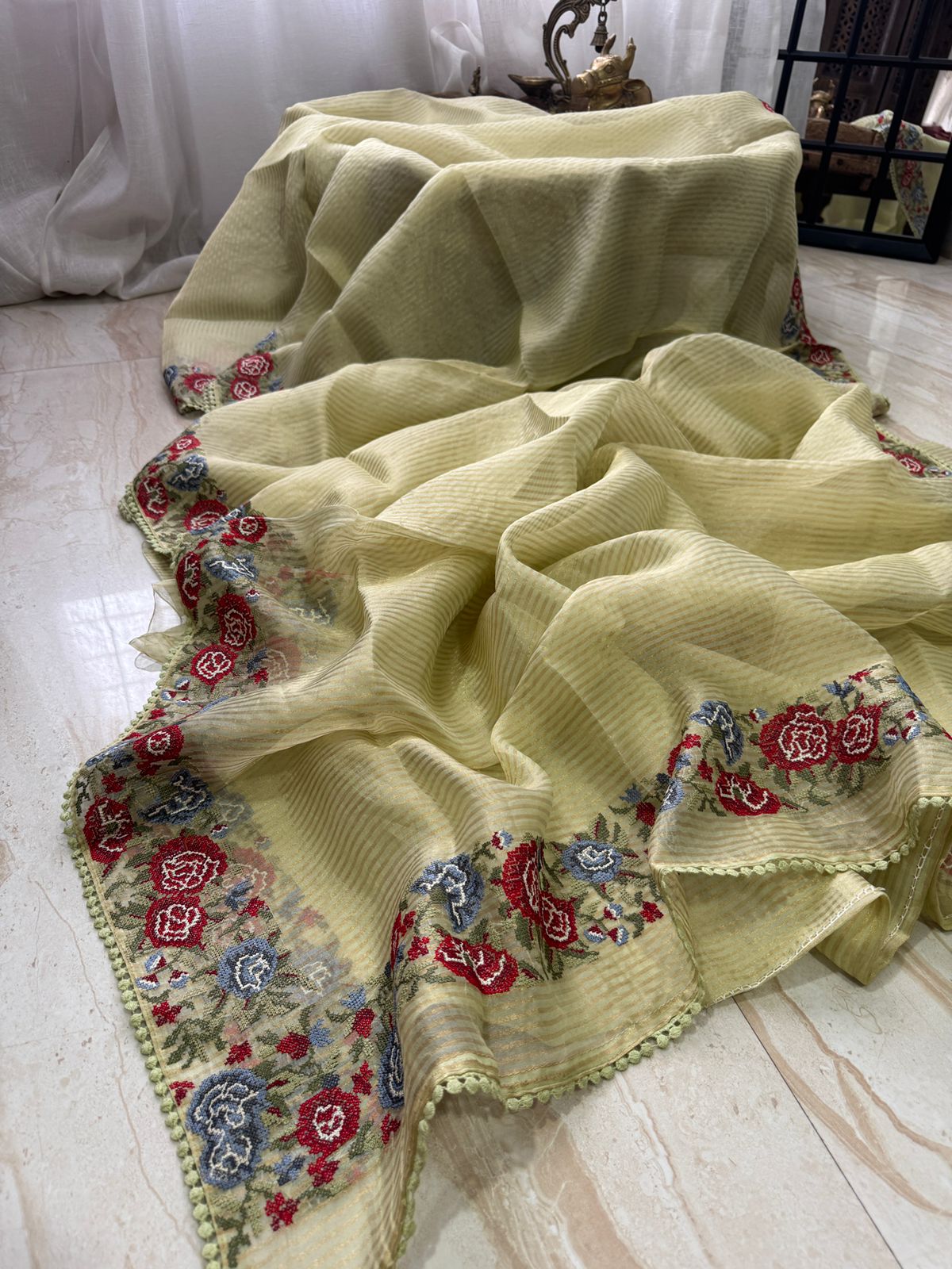 Banarasi Soft Tissue Silk Saree with Patti-Point Embroidery Border