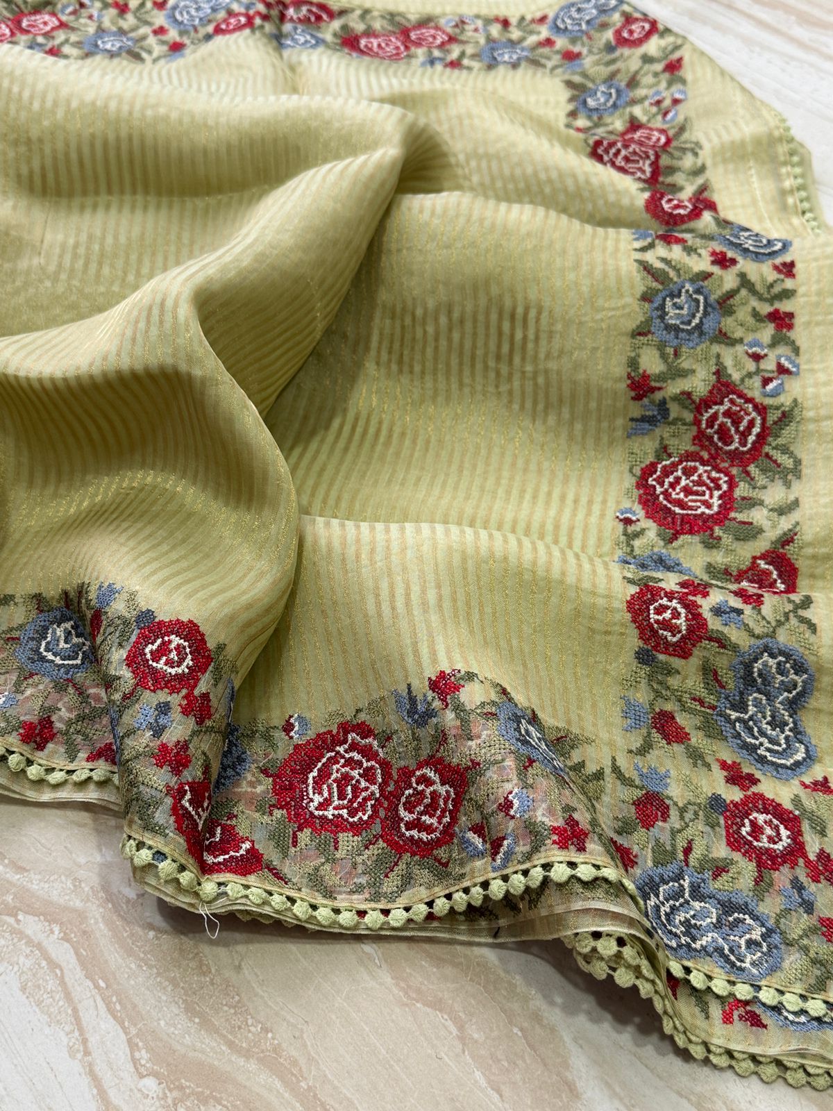 Banarasi Soft Tissue Silk Saree with Patti-Point Embroidery Border
