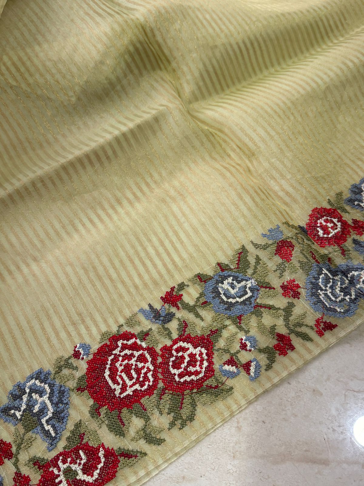 Banarasi Soft Tissue Silk Saree with Patti-Point Embroidery Border