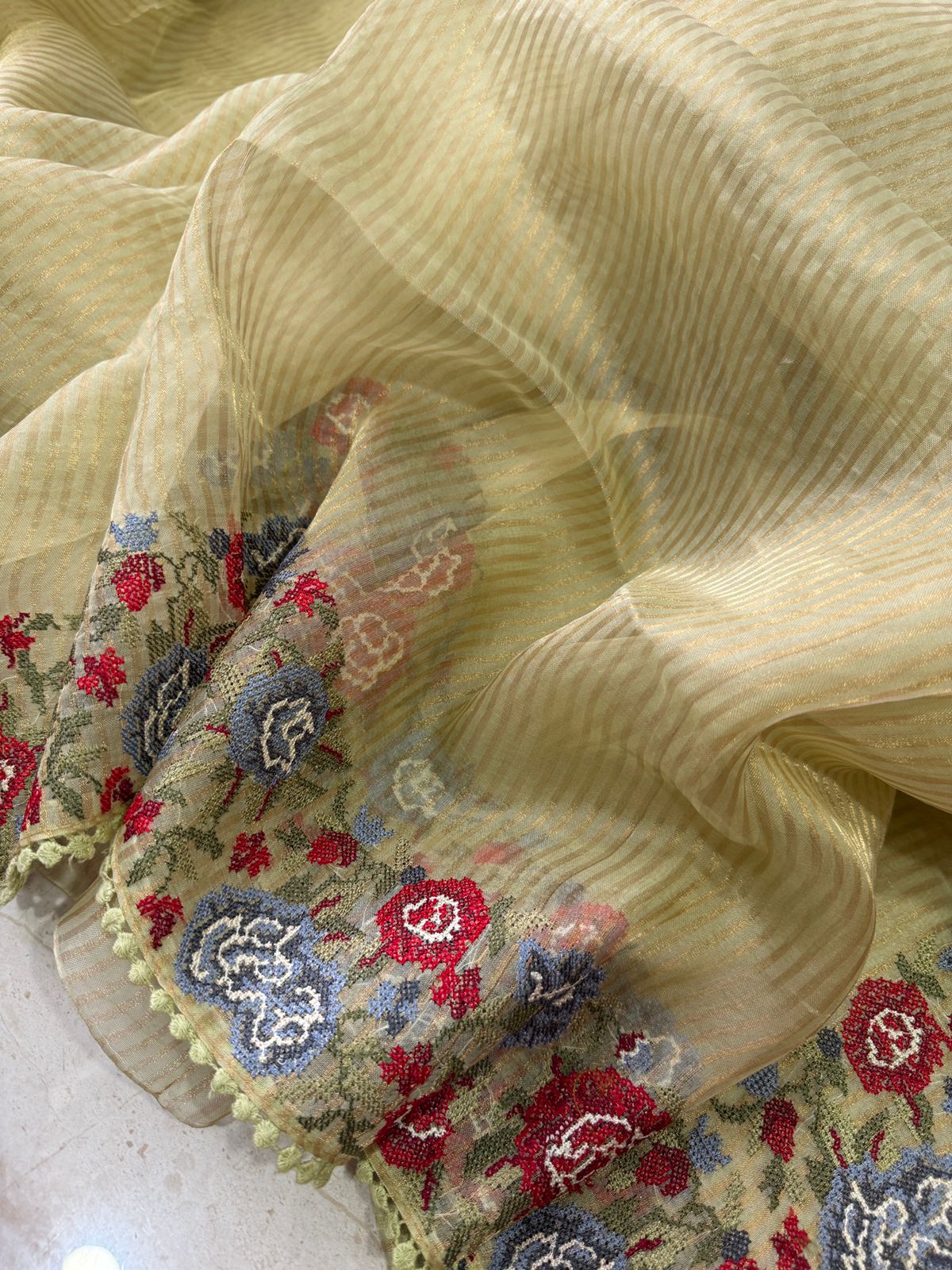 Banarasi Soft Tissue Silk Saree with Patti-Point Embroidery Border